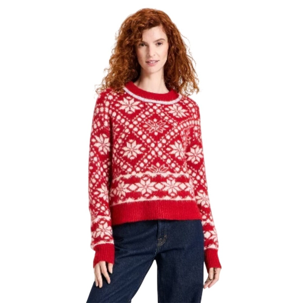 Universal Thread Women's Red White Fair Isle Snowflake Crewneck Sweater Size M